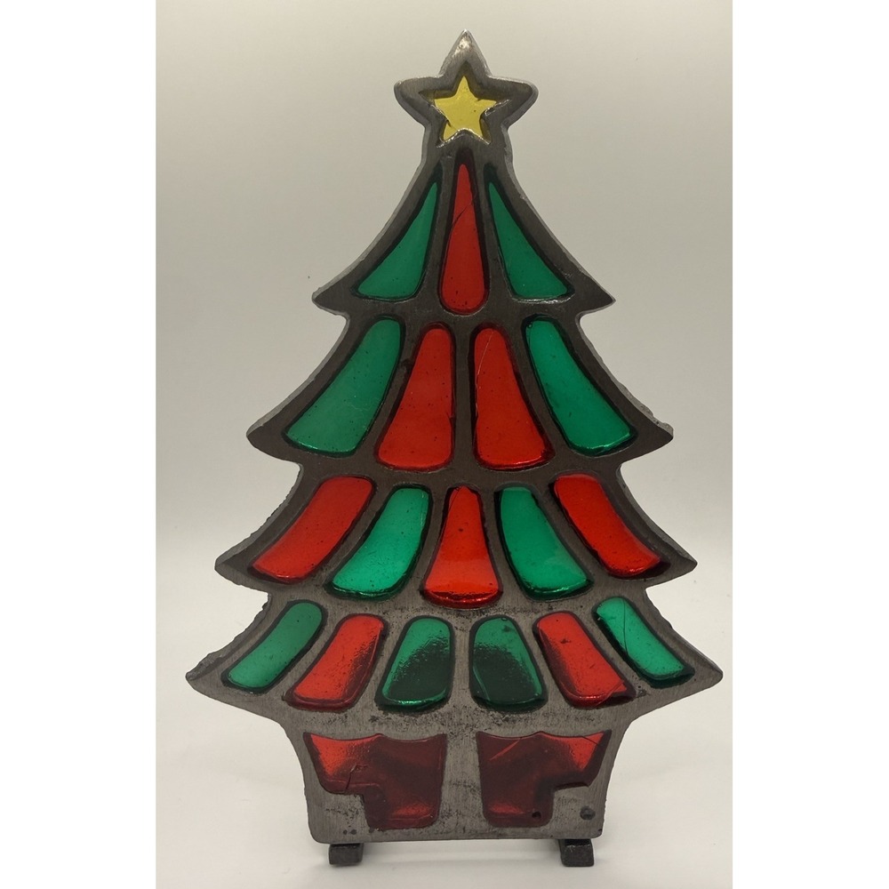 Vintage Stained Glass Christmas Tree Tea Light Votive Candle Holder